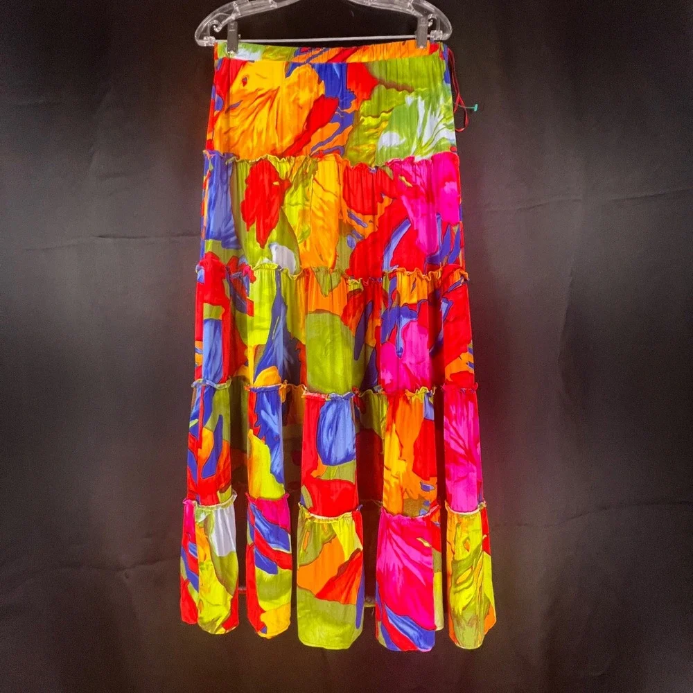 Sam and Jess Womens XS Multi Color Abstract Floral Tiered Rayon Maxi Skirt Boho